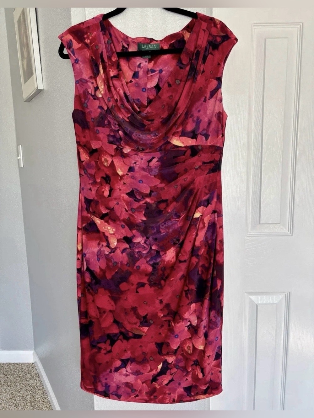 Lauren Ralph Lauren Pink Floral Cowl Neck Sheath Dress Size 14